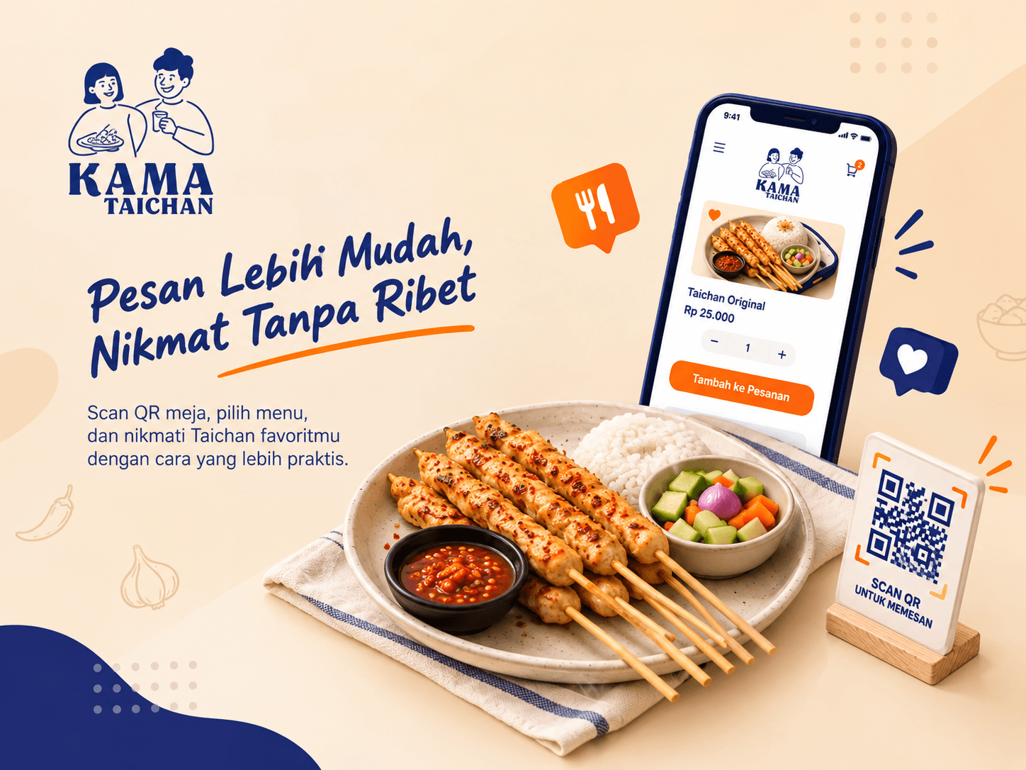 Ilustrasi memesan makanan lewat aplikasi dan memindai QR Code di meja